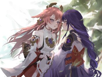 2girls absurdres animal_ear_piercing animal_ears armor back_bow bare_shoulders blunt_bangs blurry blurry_background bow braid breasts bridal_gauntlets collarbone commentary couple depth_of_field detached_sleeves fox_ears fox_girl genshin_impact hair_between_eyes headpiece highres japanese_clothes jewelry kimono kyoro_ina leaning_forward long_braid long_hair long_sleeves looking_at_another mitsudomoe_(shape) multicolored_hair multiple_girls off_shoulder open_mouth outdoors pendant pink_hair purple_eyes purple_hair purple_kimono raiden_shogun red_sash sash shoulder_armor sideboob single_braid standing streaked_hair tomoe_(symbol) tree upper_body wide_sleeves yae_miko yuri