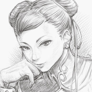 1girl bracelet capcom chinese_clothes chun-li commentary_request crosshatching double_bun earrings greyscale hair_bun hatching_(texture) jewelry kuroneco monochrome short_hair signature solo spiked_bracelet spikes street_fighter
