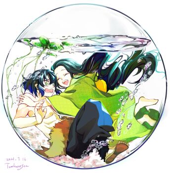 1boy 1girl air_bubble artist_name black_hair black_pants bubble closed_mouth dated fishbowl from_side full_body green_kimono hashibira_inosuke hashibira_kotoha highres hug japanese_clothes kimetsu_no_yaiba kimono long_hair long_sleeves mother_and_son open_mouth pants short_hair simple_background smile tomkureson topless_male water white_background wide-eyed wide_sleeves