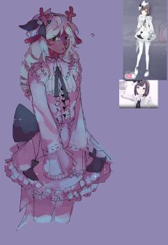 1girl ? animal_ears antlers black_eyes black_ribbon blonde_hair buck_teeth commentary cosplay cropped_legs deer_antlers deer_ears deer_girl deltarune dress english_commentary frilled_dress frills furry furry_female hat highres horns long_hair long_sleeves mini_hat nebbeli noelle_holiday pantyhose project_sekai reference_inset ribbon ringlets shinonome_ena shinonome_ena_(cosplay) teeth utdr_(toby_fox) white_dress white_hat white_pantyhose