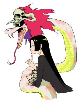 1girl black_hair boa_hancock earrings edpan forked_tongue highres jewelry long_hair one_piece salome_(one_piece) simple_background skull skull_on_head snake snake_earrings tongue white_background