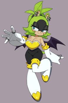 1girl alternate_hairstyle animal_ear_piercing animal_nose bare_shoulders bat_wings black_unitard blue_eyes boots breasts cleavage cosplay curvy earrings elbow_gloves eyelashes flipped_hair flowerpigeon full_body furry furry_female gloves green_fur half-closed_eyes hand_up heart highres jewelry large_breasts leg_up multiple_earrings multiple_rings open_hand outstretched_hand ring rouge_the_bat rouge_the_bat_(cosplay) short_tail smile solo sonic_(series) sonic_the_hedgehog_(idw) standing standing_on_one_leg strapless_bodysuit surge_the_tenrec tail tenrec_girl thigh_boots topknot white_gloves wings