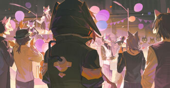 1girl 6+others absurdres animal_ears arknights armband balloon black_gloves black_hat black_jacket black_shirt brown_hair building chinese_commentary commentary_request confetti crowd crownslayer_(arknights) dopperu_ben facing_away feet_out_of_frame gloves grey_hair grey_necktie grey_vest hat highres hood hooded_jacket jacket lamppost mask multiple_others necktie outdoors red_hair shirt stage string_of_flags upper_body vest white_necktie white_vest
