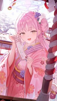 1girl absurdres alternate_costume blue_archive blue_nails commentary day fingerless_gloves floral_print floral_print_kimono flower gloves hair_bun hair_flower hair_ornament halo hands_up highres holding holding_omikuji japanese_clothes kamory kimono looking_at_viewer mika_(blue_archive) nail_polish obi omikuji open_mouth outdoors pink_hair pink_halo pink_kimono print_kimono purple_flower sash snow solo teeth translation_request upper_teeth_only yellow_eyes