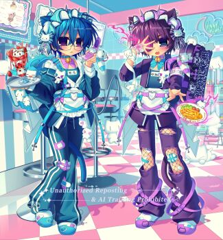 2000s_(style) 2boys :< :3 :d apron armband bandaid bandaid_on_knee bandaid_on_leg bar_stool bell blue_choker blue_eyes blue_hair blue_pants blush bow cat chibi choker chuunibyou crossdressing crossdressing_(mtf) denim fang faux_retro_artstyle fishnet_pantyhose fishnets fishnets_under_jeans floating food hair_bow hair_over_one_eye highres jeans jersey_maid knees_together_feet_apart levitation looking_at_viewer magic_circle maid male_focus male_maid multiple_boys neck_bell omelet omurice open_mouth original pants pantyhose purple_choker purple_eyes purple_hair raised_inner_eyebrows semi-rimless_eyewear skin_fang smile stool sweatpants tile_floor tiles torn_clothes torn_jeans torn_pants unconventional_maid waist_apron watashi_candy