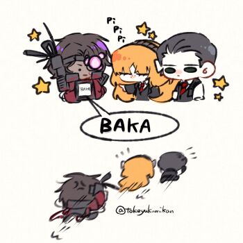 Rule 34 | 1girl, 2boys, armor, black hair, brown hair, brown hairband, cable, chibi, closed eyes, commentary request, e.g.o (project moon), green eyes, hair slicked back, hairband, heathcliff (project moon), highres, ishmael (project moon), limbus company, long hair, meursault (project moon), move-in reg. (e.g.o), multiple boys, orange hair, project moon, romaji text, rope, simple background, star (symbol), tokeyukumikan, very long hair, white background