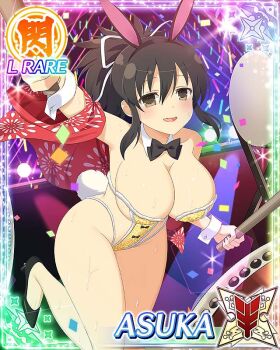 1girl animal_ear_hairband animal_ears arm_up asuka_(senran_kagura) audience blush border bow bowtie breasts brown_eyes brown_hair card_(medium) character_name cleavage confetti detached_collar drum drumsticks fake_animal_ears fake_tail game_cg glowstick hair_ribbon hairband highleg highleg_leotard holding holding_drumsticks holding_glowstick instrument japanese_clothes kimono large_breasts leotard long_hair official_art open_clothes open_kimono open_mouth playboy_bunny ponytail rabbit_ear_hairband rabbit_ears rabbit_tail red_kimono ribbon senran_kagura senran_kagura_new_wave short_ponytail smile solo stage strapless strapless_leotard sweat taiko_drum taiko_sticks tail third-party_source white_ribbon white_wrist_cuffs wrist_cuffs