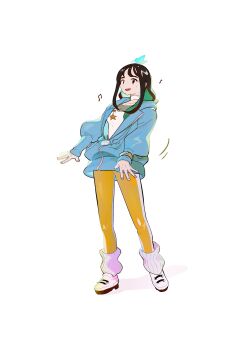 Rule 34 | 1girl, :d, absurdres, black eyes, black hair, blue hoodie, bracelet, character print, choker, collarbone, full body, highres, hood, hoodie, jewelry, leggings, lida (pokemon), long hair, long sleeves, loose socks, majyo (witch poke), musical note, nintendo, open mouth, pokemon, pokemon legends: z-a, shirt, shoes, simple background, smile, socks, solo, teeth, upper teeth only, white background, white choker, white shirt, white shoes