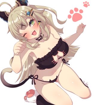 1girl ahoge animal_cutout animal_feet arm_up armpits black_bra black_choker black_leg_warmers black_panties bow bra breasts brown_hair cat_cutout cat_ear_panties cat_feet cat_lingerie cat_tail center-flap_bangs choker cleavage clothing_cutout double-parted_bangs frilled_bra frills from_above genshin_impact gluteal_fold green_eyes green_pupils grey_background grey_hair hair_between_eyes hair_bow hair_ornament hairclip heart heart_tail highres kirara_(genshin_impact) kneeling leg_warmers legs_apart long_hair looking_at_viewer looking_down medium_breasts multicolored_hair multiple_tails navel nekomata one_eye_closed open_mouth panties paw_pose pawpads side-tie_panties simple_background slit_pupils smile solo stomach strapless strapless_bra streaked_hair tail two-tone_hair two_tails underwear underwear_only utani_(punishment) very_long_hair