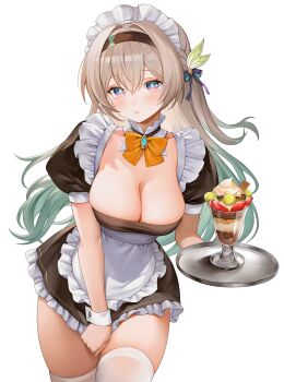 1girl alternate_costume apron breasts brown_hair cleavage enmaided firefly_(honkai:_star_rail) food highres honkai:_star_rail honkai_(series) long_hair looking_at_viewer maid maid_headdress parfait simple_background solo white_apron white_background ziko