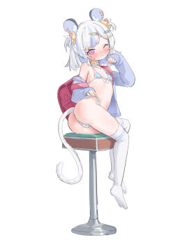 1girl @_@ absurdres animal_ears armpit_crease ass backpack bag bar_stool blue_cardigan bra cardigan cheese_hair_ornament choker covered_erect_nipples flat_chest food-themed_hair_ornament front-tie_bra full_body hair_ornament hairclip heart heart_o-ring heart_ring_choker highres indie_virtual_youtuber jewelry loli maplesights medium_hair mouse_ears mouse_girl navel necklace nemimi_yane o-ring o-ring_choker one_eye_closed open_cardigan open_clothes panties paw_pose randoseru side-tie_panties sitting solo stomach stool striped_bra striped_clothes striped_panties tail thighhighs underwear virtual_youtuber white_thighhighs