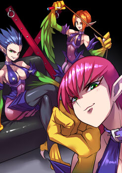 3girls absurdres blue_hair breasts claws cleavage collar couch covered_navel cross dominatrix duel_monster dungeon feathered_wings fewer_digits garter_straps green_eyes hair_over_one_eye harpie_lady harpie_lady_1 harpie_lady_sisters highres holding holding_whip long_hair looking_at_viewer medium_breasts multiple_girls orange_hair pink_hair pointy_ears revealing_clothes ryuusei_(mark_ii) selfie sharp_claws siblings sisters sitting small_breasts spiked_collar spiked_hair spikes talons whip winged_arms wings you_gonna_get_raped yu-gi-oh! yu-gi-oh!_duel_monsters
