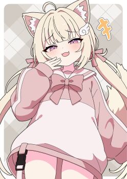 +++ 1girl :d animal_ear_fluff animal_ears blonde_hair blunt_bangs blush bow bowtie cat_ears cat_girl cat_tail chiffon_(vrchat) commentary_request cowboy_shot hair_intakrs hand_up highres long_hair long_sleeves looking_at_viewer low_twintails mesugaki open_mouth pink_bow pink_bowtie pink_eyes pink_shirt shirt smile solo tail twintails vrchat yuu-kun_(inugamikenoy)