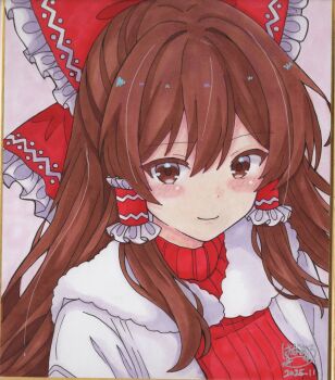 Rule 34 | 1girl, blush, bow, brown eyes, brown hair, closed mouth, commentary request, dated, frilled bow, frills, hair between eyes, hair bow, hair intakes, hair tubes, hakurei reimu, highres, hoshi tea party, jacket, long hair, open clothes, open jacket, photo (medium), red bow, red sweater, ribbed sweater, signature, solo, sweater, touhou, traditional media, turtleneck, turtleneck sweater, upper body, white jacket