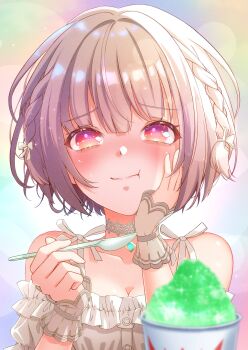 1girl :t absurdres asaba_touka bare_shoulders blonde_hair blunt_bangs blurry blurry_background blush braid brain_freeze breasts choker cleavage closed_mouth collarbone commentary_request depth_of_field eating eyelashes eyes_visible_through_hair food frilled_shirt frills furrowed_brow glint hand_on_own_cheek hand_on_own_face hands_up heaven_burns_red highres holding holding_spoon looking_at_viewer off-shoulder_shirt off_shoulder ooshima_muua red_eyes shaved_ice shirt short_hair side_braids sidelighting simple_background skirt smile solo spaghetti_strap spoon sweatdrop tareme twin_braids upper_body white_choker white_skirt white_wrist_cuffs wrist_cuffs