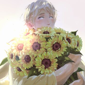 1boy artist_request axis_powers_hetalia backlighting bad_id bad_pixiv_id blush bouquet coat covered_mouth flower grey_hair holding holding_bouquet long_sleeves looking_at_viewer male_focus purple_eyes russia_(hetalia) scarf short_hair simple_background solo sunflower upper_body white_background white_coat white_scarf yellow_flower