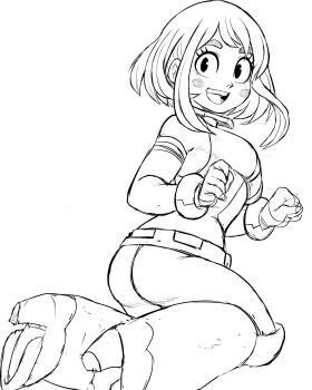 ass blush boku_no_hero_academia high_heels highres jumpsuit kneeling looking_at_viewer looking_back short_hair sketch skin_tight superhero_costume teevo uraraka_ochako