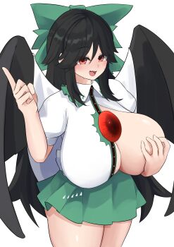 1girl absurdres bird_wings black_hair black_wings blush bow breasts cape commentary_request covering_one_breast covering_privates fang green_bow green_skirt hair_bow highres huge_breasts index_finger_raised long_hair open_mouth red_eyes reiuji_utsuho shinonome_zakuro short_sleeves simple_background skin_fang skirt solo sweat third_eye touhou variant_set white_background white_cape wings