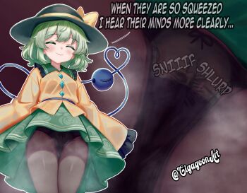 cameltoe giant giantess gigagoon highres komeiji_koishi mini_person miniboy panties pantyhose pantyshot pussy size_difference smelling touhou underwear