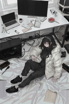 1girl absurdres bad_id bad_twitter_id black_hair black_shirt black_shoes blouse cellphone computer cup envelope food fork fruit graphics_card grey_theme headband highres laptop lm7_(op-center) long_hair mug phone plate power_strip screwdriver shirt shoes smartphone solo strawberry tagme wide_shot