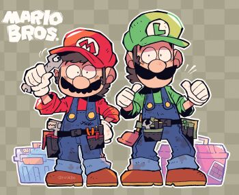 2boys blue_overalls blush brown_footwear brown_hair checkered_background double_thumbs_up english_text facial_hair gloves green_hat green_shirt hat highres holding holding_wrench looking_at_viewer luigi male_focus mario mario_(series) multiple_boys mustache nintendo outline overalls pliers plunger rariatto_(ganguri) red_hat red_shirt shirt shoes sleeves_rolled_up stained_clothes thumbs_up tool_belt toolbox tools twitter_username white_gloves white_outline wrench