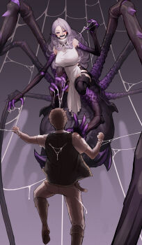 1boy 1girl absurdres arachne arthropod_girl bare_shoulders blush boots breasts brown_hair claws commentary_request commission ekrea_jan grey_hair hair_between_eyes highres insect_girl large_breasts long_arms long_hair monster_girl open_mouth original pointy_ears purple_eyes sharp_teeth short_hair silk skeb_commission spider_girl spider_web taur teeth turtleneck very_long_hair vest wavy_hair