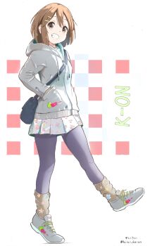 1girl bag black_pantyhose brown_eyes brown_hair copyright_name floral_print floral_print_skirt guitar_print hair_ornament hairclip hands_in_pockets highres hirasawa_yui hood hood_down hoodie k-on! loose_socks pantyhose print_hoodie print_skirt print_socks short_hair shoulder_bag smile socks solo standing standing_on_one_leg star_(symbol) star_print yuiui_keion