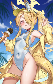 1girl above-cleavage_cutout animal_ear_fluff animal_ears bare_shoulders blonde_hair blue_archive blue_sky blush breasts bubble cameltoe chai_mao closed_mouth clothing_cutout cloud collarbone commentary covered_navel cowboy_shot cross_halo day diamond_cutout extra_ears fingernails fox_ears fox_girl fox_shadow_puppet hair_over_one_eye halo hands_up highleg highleg_one-piece_swimsuit highres holding holding_microphone jacket loli long_hair long_sleeves looking_at_viewer microphone off_shoulder official_alternate_costume official_alternate_hairstyle one-piece_swimsuit one_eye_covered open_clothes open_jacket outdoors palm_leaf pink_eyes seia_(blue_archive) seia_(swimsuit)_(blue_archive) side_ponytail sky small_breasts solo sparkle standing swimsuit tail thighs very_long_hair very_long_tail visor_cap water_drop wet white_one-piece_swimsuit yellow_halo yellow_jacket yellow_visor