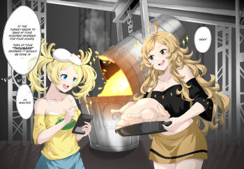 2girls alternate_costume bare_shoulders blue_eyes breasts cleavage collarbone commission contemporary english_text fire_emblem fire_emblem_awakening fire_emblem_fates food grandmother_and_granddaughter grey_eyes highres lissa_(fire_emblem) long_hair medium_breasts multiple_girls nintendo open_mouth ophelia_(fire_emblem) second-party_source small_breasts speech_bubble thanksgiving turkey_(food) twintails villager_c