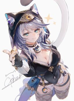 Rule 34 | 1girl, absurdres, animal ears, black gloves, blue eyes, blue gem, blush, braid, breasts, cat ears, cat girl, cat tail, cipher (honkai: star rail), cleavage, closed mouth, collarbone, commentary, commentary request, fingerless gloves, fingernails, gem, glint, gloves, grey hair, hair ornament, hand on own hip, highres, holding, holding gem, honkai: star rail, honkai (series), long hair, looking at viewer, medium breasts, mole, mole on collarbone, nail polish, railgun1mikoto22, side braid, smile, solo, tail, thigh strap, untranslatable commentary, yellow nails