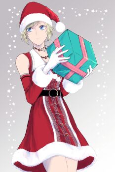 1girl belt blonde_hair blue_eyes box choker christmas closed_mouth dress elbow_gloves end_of_eternity gift gift_box gloves hat heart heart_choker highres jewelry mppko necklace reanbell santa_costume santa_dress santa_hat short_hair skirt smile solo star_(symbol) star_choker star_necklace white_gloves