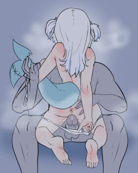 1boy 1girl anus barefoot blue_hair erection feet from_behind gawr_gura highres hololive hololive_english imminent_penetration loli moral_cacoethes multicolored_hair nude panties_around_leg penis soles spread_anus streaked_hair uncensored virtual_youtuber white_hair