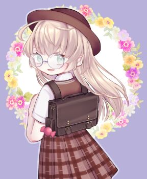 Rule 34 | 1girl, absurdres, backpack, bag, bag charm, blush, border, briefcase, brown hair, brown hat, brown skirt, brown sweater vest, candy, charm (object), cowboy shot, dress shirt, ensan (homo anal), floating hair, floral background, food, from behind, glasses, green eyes, grey-framed eyewear, grey border, hair down, hat, highres, long hair, looking at viewer, looking back, miniskirt, nijisanji, outside border, parted lips, plaid clothes, plaid skirt, pleated skirt, round border, round eyewear, school briefcase, school uniform, shirt, short sleeves, skirt, solo, summer uniform, sweater vest, variant set, virtual youtuber, yaguruma rine, yaguruma rine (3rd costume)