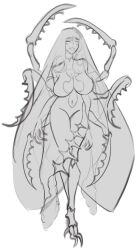 Rule 34 | 1girl, breasts, curvy, doodle, full body, happy, huge breasts, long hair, matara kan, matara kan (1st costume), monochrome, monster girl, open mouth, simple background, sketch, unfinished, virtual youtuber, vshojo, white background