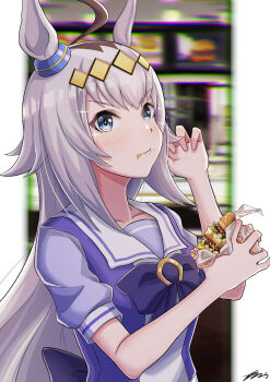 1girl absurdres ahoge animal_ears blue_eyes blush bow bowtie breasts burger closed_mouth collarbone ear_ornament food food_on_face grey_hair hair_between_eyes hair_ornament hairband highres holding holding_burger holding_food horse_ears horse_girl long_hair multicolored_hair nankou_(koutanan) oguri_cap_(umamusume) puffy_short_sleeves puffy_sleeves purple_bow purple_bowtie purple_shirt sailor_collar sailor_shirt school_uniform shirt short_sleeves solo sparkle tracen_school_uniform umamusume upper_body white_sailor_collar