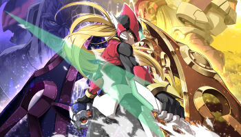 5boys absurdres android armor blonde_hair cowboy_shot crossed_legs cyber_elf_x_(mega_man) dr._weil_(mega_man) elpizo_(mega_man) energy_sword forehead_jewel from_behind glowing head-mounted_display helmet highres holding holding_sword holding_weapon long_hair looking_at_viewer looking_back mega_man_(series) mega_man_zero_(series) multiple_boys omega_(mega_man) pantheon_(mega_man) pink_shirt ponytail purple_theme red_armor red_helmet shirt sitting stuffed_toy sword weapon x_(mega_man) yellow_theme z_saber zelitto zero(z)_(mega_man) zero_(mega_man)