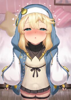 1boy androgyne_symbol bike_shorts bike_shorts_pull black_gloves black_skirt blonde_hair blue_eyes blush bridget_(guilty_gear) bulge commentary_request erection erection_under_clothes fingerless_gloves gloves guilty_gear guilty_gear_strive half-closed_eyes heart heart-shaped_pillow highres hood hood_up hooded_jacket jacket long_hair long_sleeves looking_at_viewer male_focus pillow pleated_skirt puffy_long_sleeves puffy_sleeves skirt solo star-shaped_pillow trap yapo_(croquis_side)
