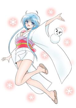 1girl blue_eyes blue_hair breasts cleavage commentary_request full_body japanese_clothes jigoku_sensei_nube kimono leg_up medium_breasts mini_snowman obi official_art okano_takeshi open_mouth pink_sash sandals sash short_hair short_hair_with_long_locks short_kimono simple_background smile snowflakes snowman solo white_background white_kimono wide_sleeves yukime_(jigoku_sensei_nube) zouri