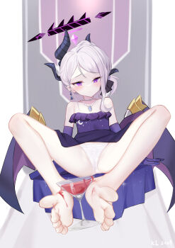 1girl asymmetrical_horns bare_legs bare_shoulders barefoot blue_archive blush chinese_commentary closed_mouth cocktail cocktail_glass commentary_request cup demon_girl demon_horns dress drinking_glass earrings elbow_gloves flat_chest foreshortening gloves halo highres hina_(blue_archive) hina_(dress)_(blue_archive) horns jewelry kalun_(fwme3378) loli necklace no_shoes official_alternate_costume paid_reward_available panties pearl_necklace pendant purple_dress purple_eyes purple_gloves purple_halo sitting soles solo spread_legs strapless strapless_dress toes underwear white_panties