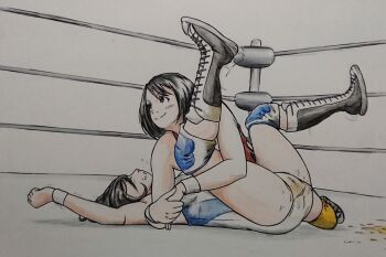 2girls artist_request catfight fainted fainting multiple_girls peeing tagme unconscious wrestling wrestling_pin wrestling_ring