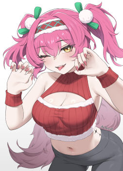 1girl ;p absurdres alternate_costume archerist bare_shoulders breasts claw_pose cleavage commentary_request fingernails grey_background hairband hands_up highres long_fingernails looking_at_viewer lupa_(wuthering_waves) medium_breasts medium_hair navel one_eye_closed pink_hair simple_background solo stomach tail tongue tongue_out twintails wolf_tail wuthering_waves yellow_eyes