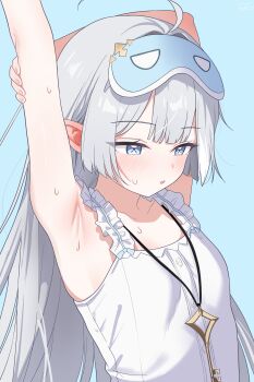 1girl :o absurdres ahoge arm_up armpits blue_background blue_eyes blush breasts ear_blush extra_pupils eye_mask female_tyrant_(stella_sora) grey_hair hair_intakes highres holding_own_arm jewelry key key_necklace mask necklace official_alternate_costume pajamas pointy_ears saho_4545 simple_background small_breasts solo stella_sora stretching sweat tyrant_(stella_sora) upper_body white_pajamas