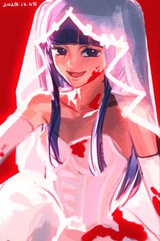 Rule 34 | 1girl, 2025, bare shoulders, blood, blood on arm, blood on clothes, blood on face, blue eyes, blue hair, blunt bangs, breasts, bridal veil, chan379, cleavage, dated, december, dress, fang, furudo erika, glowing, highres, long hair, open mouth, skin fang, smile, solo, twintails, umineko no naku koro ni, veil, wedding dress