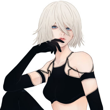 Rule 34 | 1girl, a2 (nier:automata), black boots, black gloves, black shirt, blue eyes, boots, crop top, elbow gloves, gloves, grey hair, hair between eyes, high heel boots, high heels, highres, invisible chair, legs, long hair, looking at viewer, mitsuki nite, mole, mole under mouth, nier:automata, nier (series), parted lips, shirt, simple background, sitting, solo, thighs, twitter username, very long hair, white background