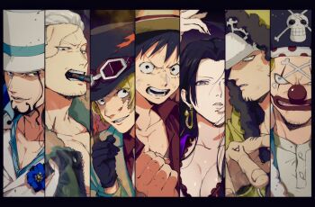 1girl 6+boys black_gloves black_hair blonde_hair blue_eyes boa_hancock buggy_the_clown cigar coat commentary_request earrings facial_hair gloves goatee hand_tattoo hat hood hooded_coat jewelry kabane_(rjev8385) long_hair looking_at_viewer looking_down looking_to_the_side makeup monkey_d._luffy multiple_boys one_piece one_piece:_stampede red_nose rob_lucci sabo_(one_piece) scar scar_on_face sidelocks smile smoker_(one_piece) snake_earrings stitched_face stitches tattoo trafalgar_law upper_body white_hair white_hat yellow_coat