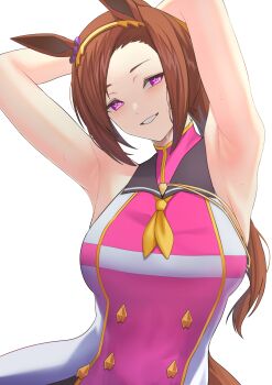 Rule 34 | 1girl, absurdres, animal ears, arms behind head, ear ornament, flower in eye, gold hairband, hairband, highres, horse ears, horse girl, neckerchief, ponytail, sakura bakushin o (blossom in learning) (umamusume), sakura bakushin o (umamusume), si farid, sleeveless, sleeveless jacket, smile, solo, sweat, symbol in eye, umamusume, upper body, white background, yellow neckerchief