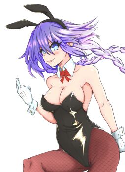 1girl animal_ear_hairband animal_ears black_leotard blue_eyes blush braid breasts cleavage detached_collar fake_animal_ears fishnet_pantyhose fishnets gloves hairband highres leotard long_hair medium_breasts neptune_(neptunia) neptune_(series) pantyhose playboy_bunny power_symbol power_symbol-shaped_pupils purple_hair purple_heart_(neptunia) rabbit_ears smile solo symbol-shaped_pupils toraxd001 transparent_background twin_braids very_long_hair white_wrist_cuffs wrist_cuffs