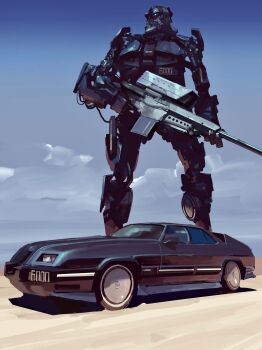 Rule 34 | 6000 sux, anti-materiel rifle, barrett m82, car, cloud, gun, highres, holding, holding gun, holding weapon, looking up, mecha, mechanization, motor vehicle, no humans, red eyes, rifle, rintaro komori, robocop, robot, science fiction, sky, sniper rifle, weapon