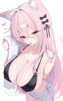 1girl absurdres animal_ear_fluff animal_ears artist_name bare_shoulders bikini black_bikini black_bow black_ribbon blush bow breasts cat_ears cat_girl cat_tail cleavage collarbone commentary_request commission crossed_bangs fang hair_between_eyes hair_bow hair_intakes hair_ribbon heart highres holding holding_towel indie_virtual_youtuber large_breasts long_hair looking_at_viewer namedango_(uouodango) open_mouth pink_hair pink_tail ribbon sarong sideboob sidelocks simple_background skin_fang smile solo standing swimsuit tail thighs towel very_long_hair virtual_youtuber watermark wet white_background white_sarong wiping yellow_eyes