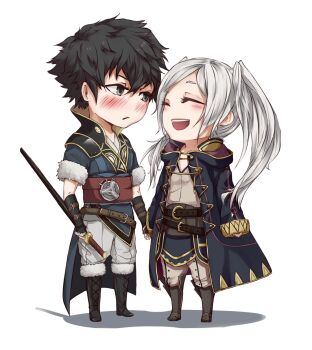 1boy 1girl black_hair blush boots commission couple embarrassed female_robin_(fire_emblem) fire_emblem fire_emblem_awakening fur-trimmed_boots fur-trimmed_sleeves fur_trim happy hetero highres holding_hands jorahpumpkin lon'qu_(fire_emblem) nintendo short_hair smile twintails two_side_up